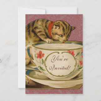 Cat Teacup Niedlich Vintag Viktorianisch Einladung