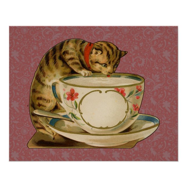Cat Teacup Niedlich Vintag Viktorianisch Poster (Vorderseite)