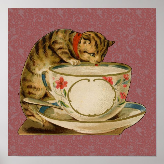 Cat Teacup Niedlich Vintag Viktorianisch Poster (Vorne)