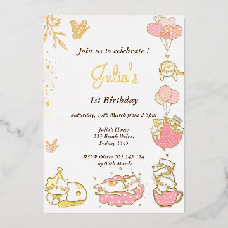 Cat Thema Baby Mädchen 1. Geburtstag Folieneinladung