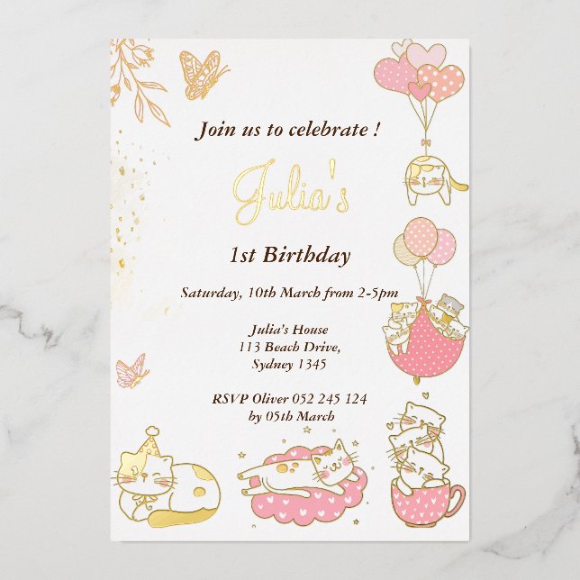 Cat Thema Baby Mädchen 1. Geburtstag Folieneinladung (Vorderseite)