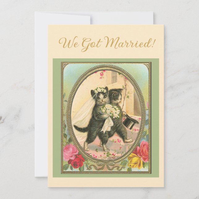 Cat Themed Wedding announcement Ivory and green Einladung (Vorderseite)