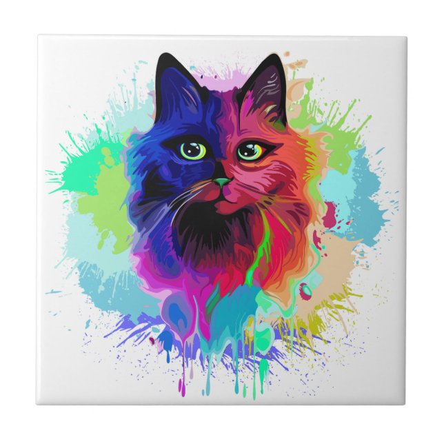 Cat Trippy Psychedelic Pop Art Fliese (Vorderseite)