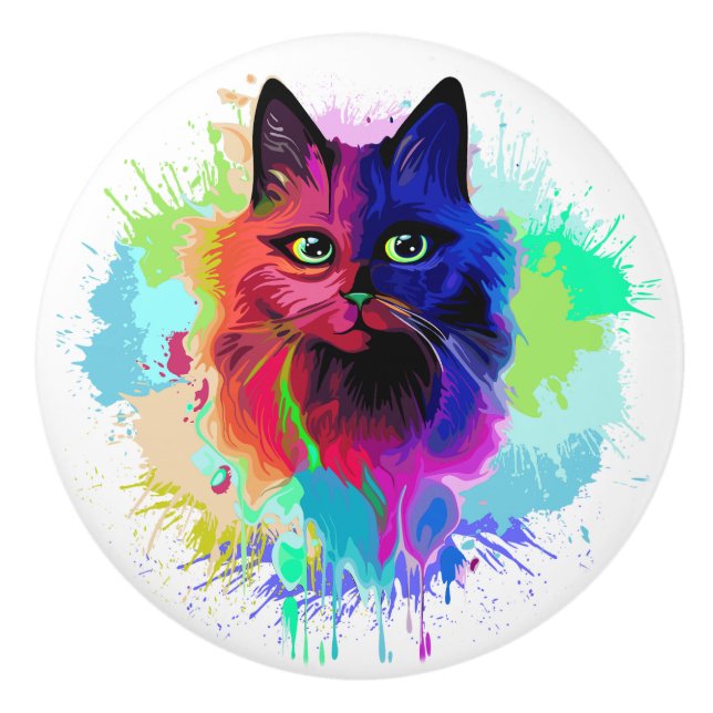 Cat Trippy Psychedelic Pop Art Keramikknauf (Vorderseite)