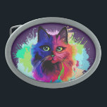 Cat Trippy Psychedelic Pop Art Ovale Gürtelschnalle<br><div class="desc">Psychedelischer Trippy Pop Art Cat Portrait auf farbenfrohen Paint Spritzern. Original Vector IllustrationCopyright BluedarkArt The ChameleonArt.</div>