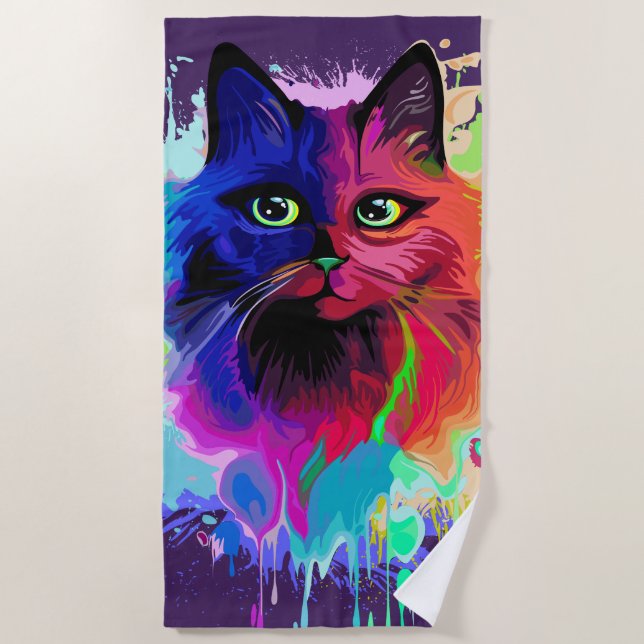 Cat Trippy Psychedelic Pop Art Strandtuch (Vorderseite)
