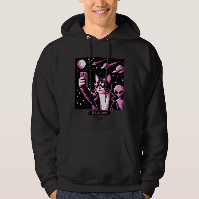 Cat UFO Selfie: Pixel Art #12 (Pink Cat) Hoodie (Vorderseite)