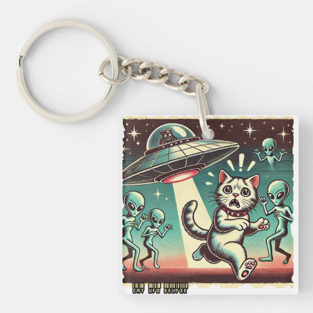 Cat UFO Selfie: Vintage Invasion #02 Schlüsselanhänger (Vorderseite)