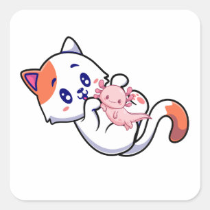 Cat und Axolotl Kawaii Neko Anime Quadratischer Aufkleber