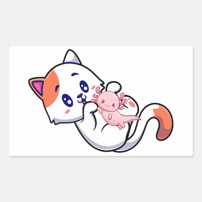 Cat und Axolotl Kawaii Neko Anime Rechteckiger Aufkleber (Vorderseite)