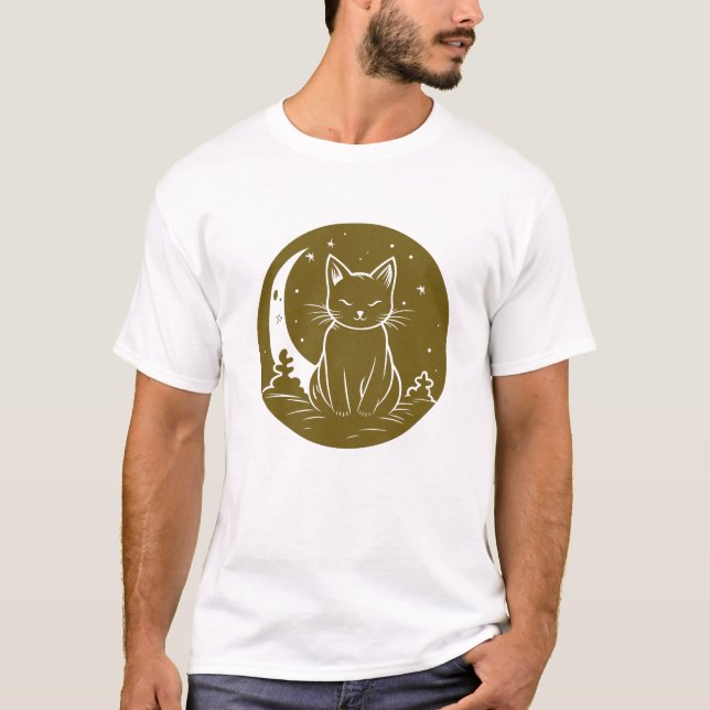 Cat Under Moon Sky Furry Niedlicher Vector Graphic T-Shirt (Vorderseite)