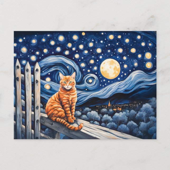 Cat Under Starry Night Wasserfarbe Postkarte (Vorderseite)