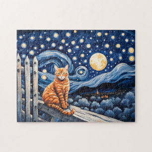 Cat Under Starry Night Wasserfarbe Puzzle