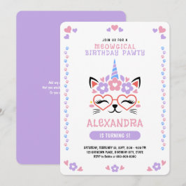 Cat Unicorn Lila Pink Blue Birthday Party Einladung