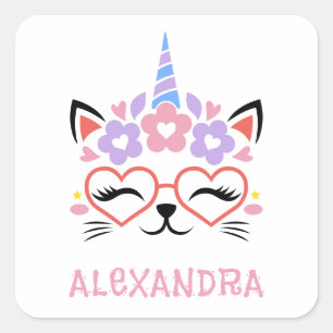 Cat Unicorn Name Vorlage Rosa Lila Blau Niedlich Quadratischer Aufkleber