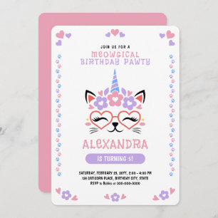 Cat Unicorn Pink Lila Blue Birthday Party Einladung