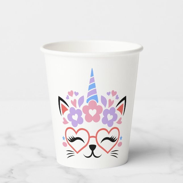 Cat Unicorn Pink Lila Blue Niedlich Fun Party Pappbecher (Rückseite)