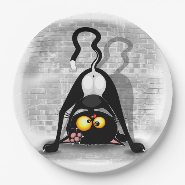 Cat Upside Down Funny Cartoon Charakter Pappteller (Vorderseite)