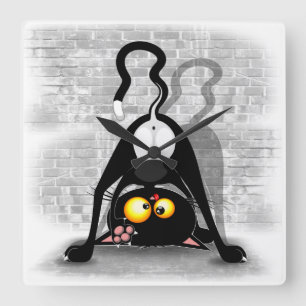 Cat Upside Down Funny Cartoon Charakter Quadratische Wanduhr