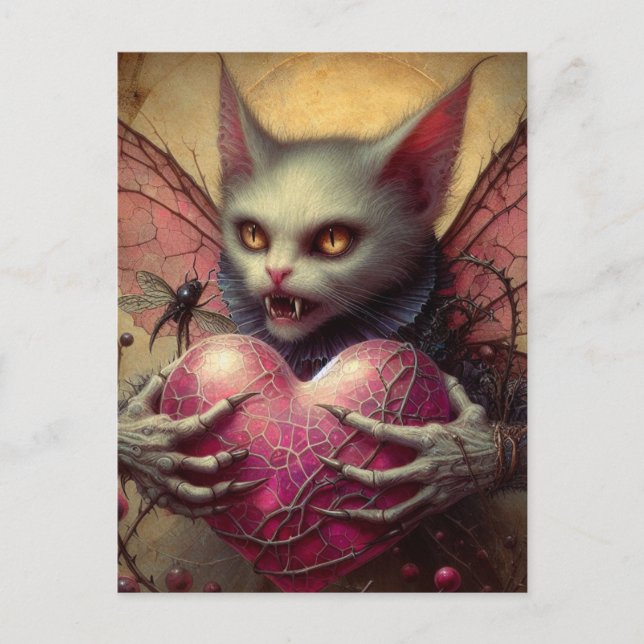 Cat Vampire Fairy Pink Heart Brambles Postkarte (Vorderseite)