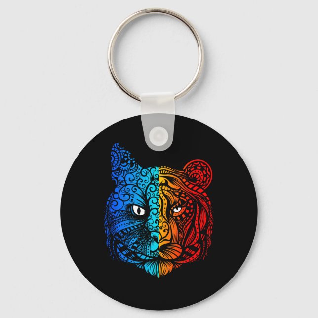 Cat vs Tiger Face Mandala Design Schlüsselanhänger (Vorderseite)