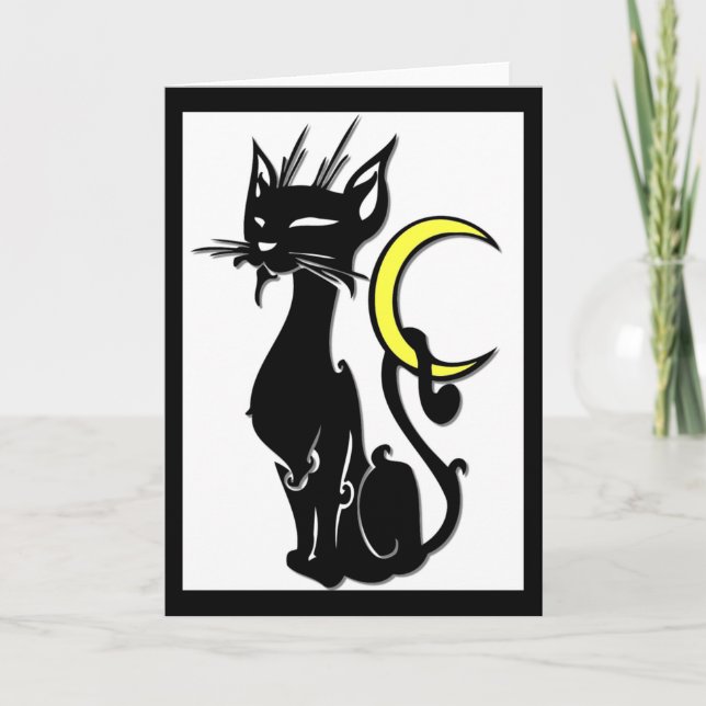 Cat w/Moon Blank Grußkarte Karte (Vorderseite)