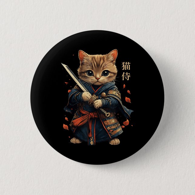 Cat Warrior Japanisch Samurai Cat Tattoo Kawaii Ni Button (Vorderseite)