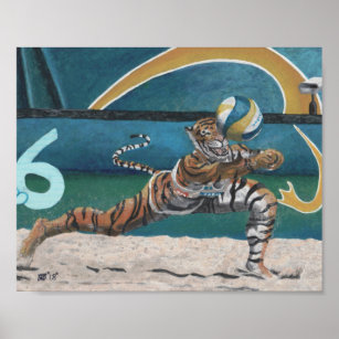 Cat Warrior Playing Volleyball Fantasy Art Print Poster