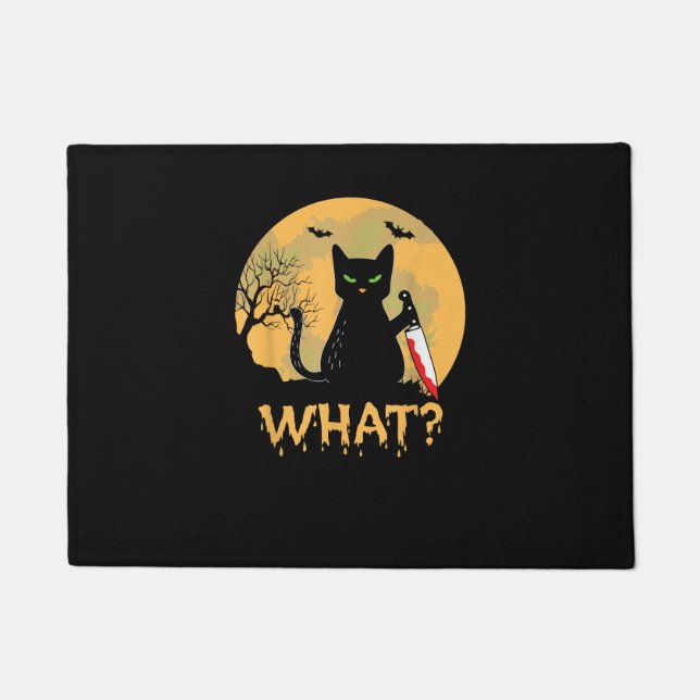 CAT WAS_ Murderous Black Cat mit Knife Halloween Fußmatte (Vorderseite)