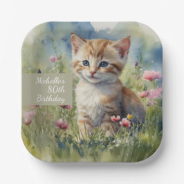 Cat Watercolor Flowers 80th Birthday Pappteller