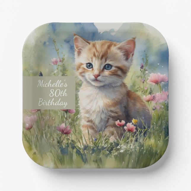 Cat Watercolor Flowers 80th Birthday Pappteller (Vorderseite)