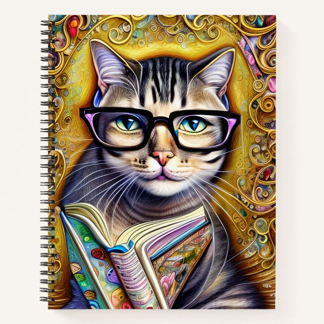 Cat Wearing Brillen Holding a Book Artwork Notizbuch (Vorderseite)