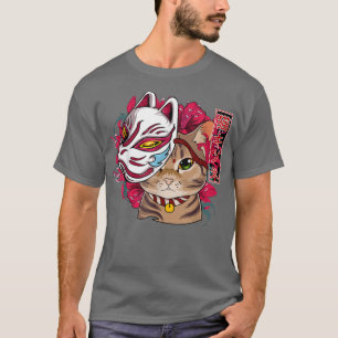 Cat Wearing Kitsune Mask Kawaii Anime Cat Japanisc T-Shirt