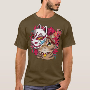 Cat Wearing Kitsune Mask Kawaii Anime Cat Japanisc T-Shirt