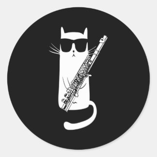 Cat Wearing Sonnenbrille Playing Flute Runder Aufkleber