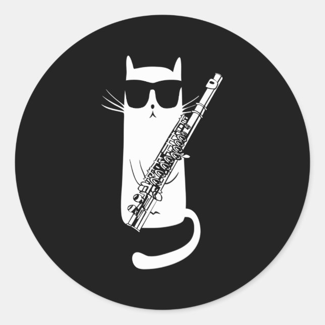 Cat Wearing Sonnenbrille Playing Flute Runder Aufkleber (Vorderseite)