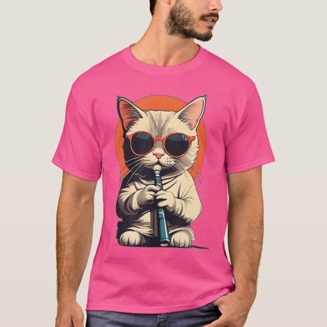 Cat Wearing Sonnenbrille Playing Fute Funny Niedli T-Shirt (Vorderseite)
