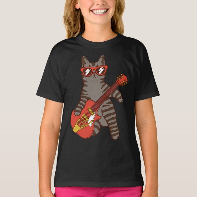 Cat Wearing Sonnenbrille Playing Gitarre Girl T-Shirt (Vorderseite)