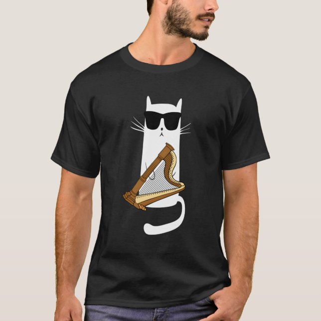 Cat Wearing-Sonnenbrille Playing Harp T-Shirt (Vorderseite)