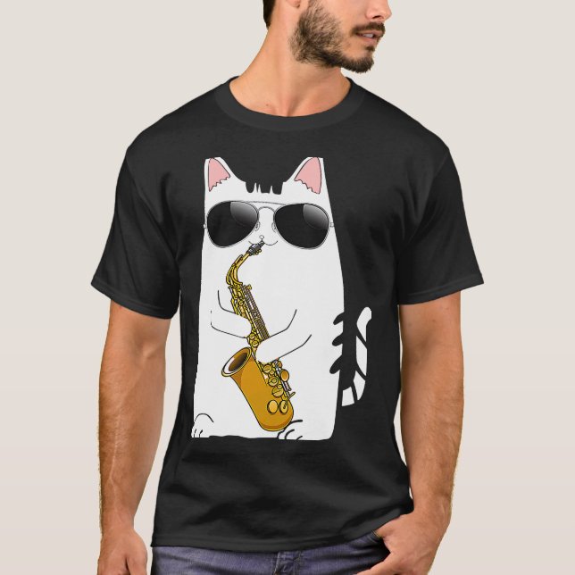 Cat Wearing Sonnenbrille Playing Saxophone Saxopho T-Shirt (Vorderseite)
