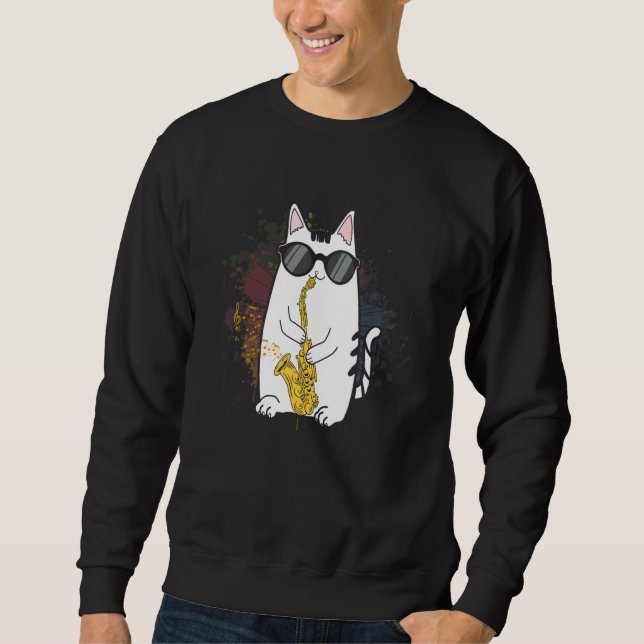 Cat Wearing Sonnenbrille Saxophon spielen Sweatshirt (Vorderseite)