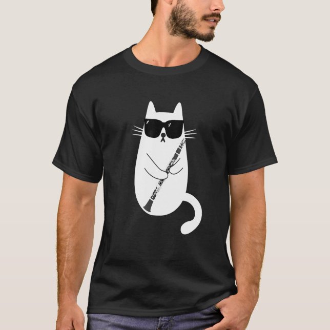 Cat Wearing Sonnenbrille spielen Klarinettenmusike T-Shirt (Vorderseite)