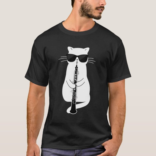 Cat Wearing Sonnenbrille spielen Oboe T-Shirt (Vorderseite)