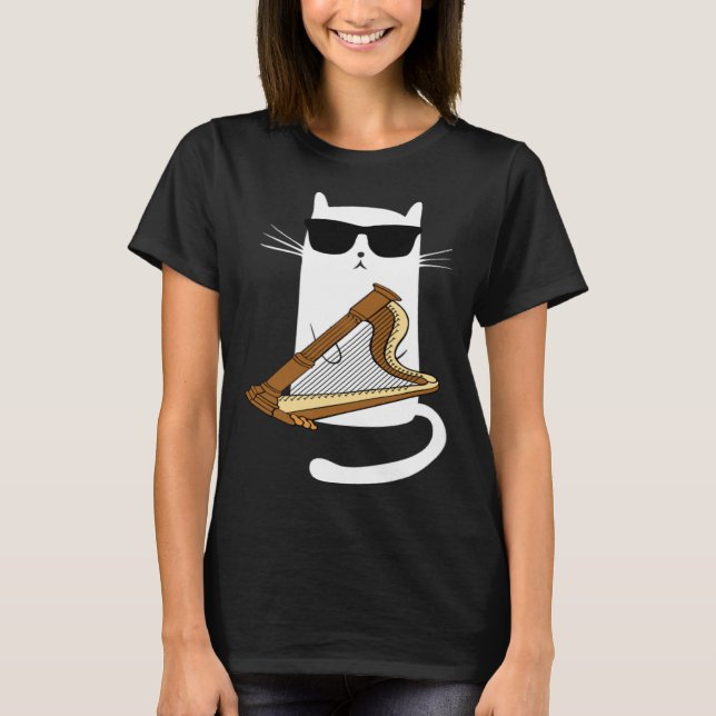 Cat Wearing Sunglasses Playing Harp T-Shirt (Vorderseite)