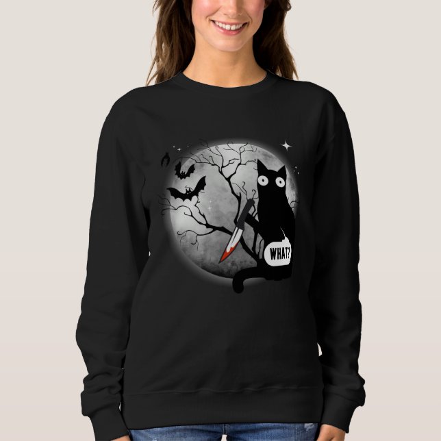 Cat What Assassin Murderous Cat & Knife Halloween Sweatshirt (Vorderseite)