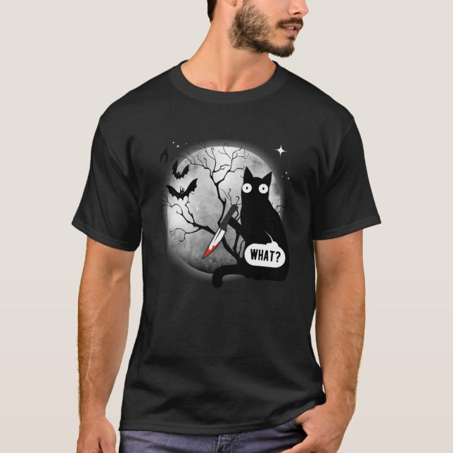 Cat What Assassin Murderous Cat & Knife Halloween T-Shirt (Vorderseite)