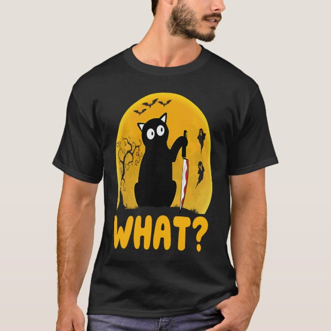 Cat What  Black Cat Murderous Cat With Knife Hallo T-Shirt (Vorderseite)