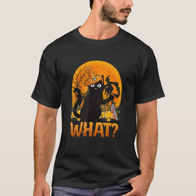 Cat What Black Cat With Knife Halloween Costume T-Shirt (Vorderseite)
