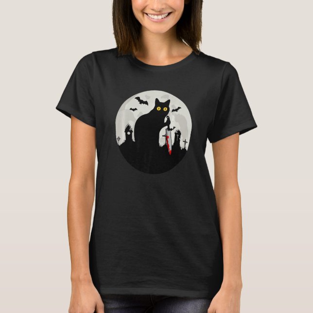 Cat What Halloween Black Cat with Knife   What Cat T-Shirt (Vorderseite)