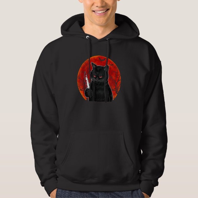Cat What  Murderous Black Cat With Knife Halloween Hoodie (Vorderseite)